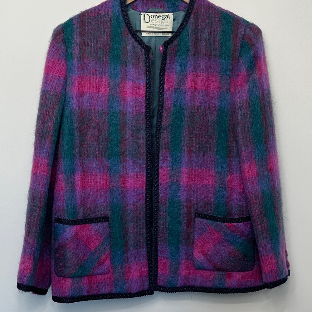Vintage Mohair Wool Abstract Colorful Plaid Jacket Size M